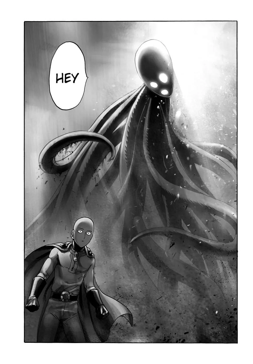 A black monster with many tentacles appears behind Saitama.