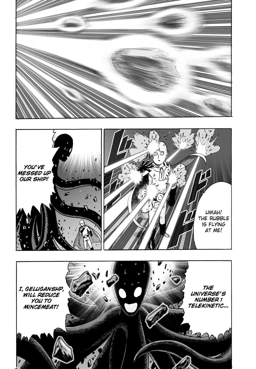 The monster throws rocks at Saitama using his telekinesis and introduces himself as Geluganship.