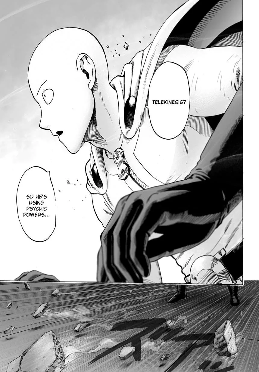 Saitama prepares to receive an attack from Geluganship's telekinesis.