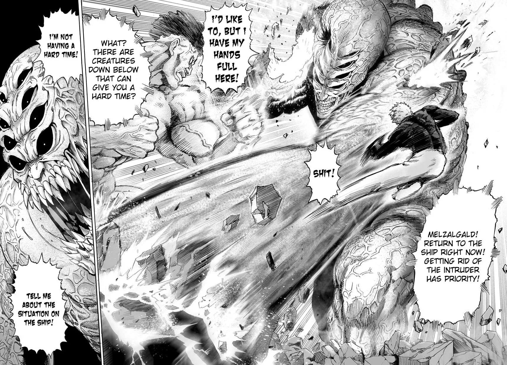 Bang and Puri-puri prisoners fight against the huge Melzargard.