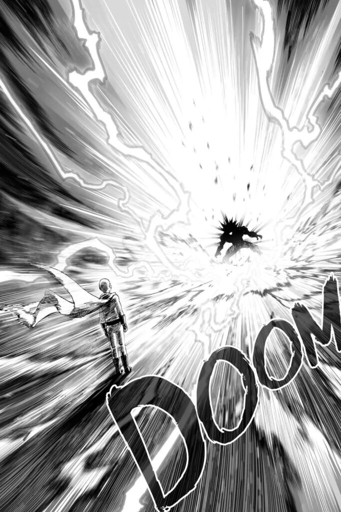 A bright light and lightning emanate from Boros while Saitama stands unfazed.