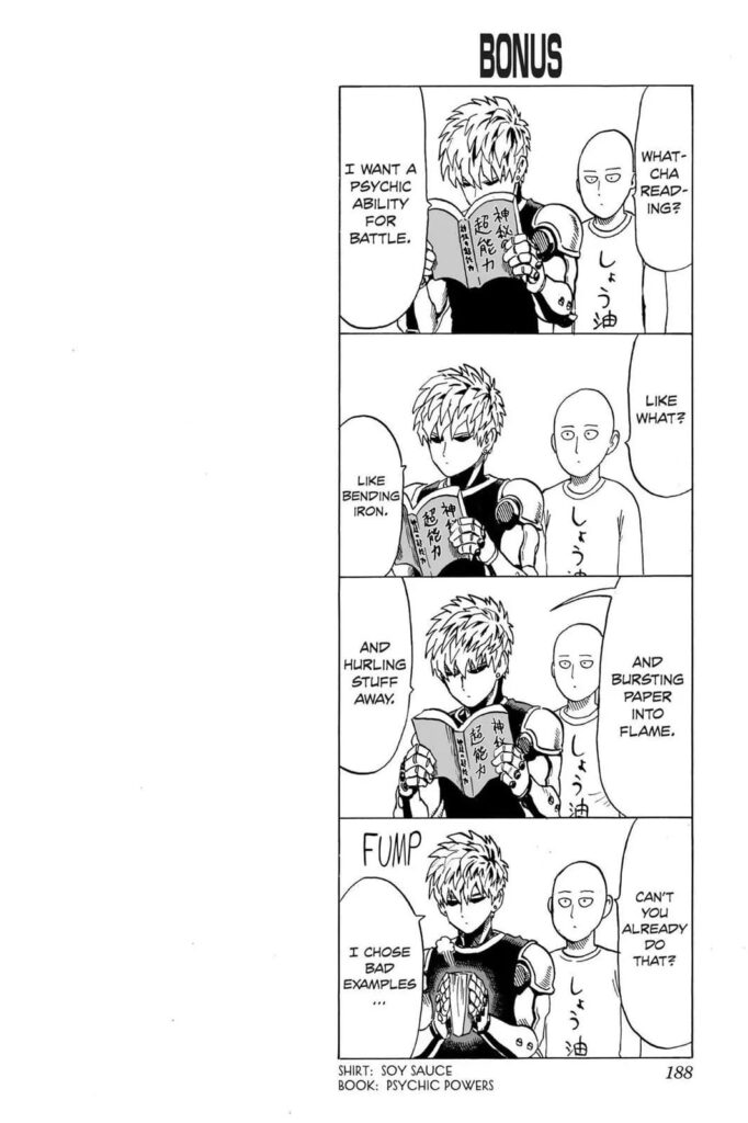 Saitama asks Genos about a book he's reading.