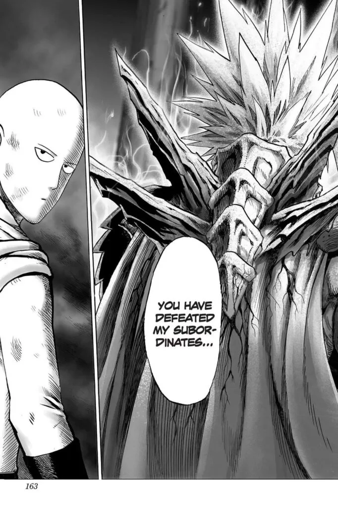 Saitama, with his signature bored face, looks at Boros.