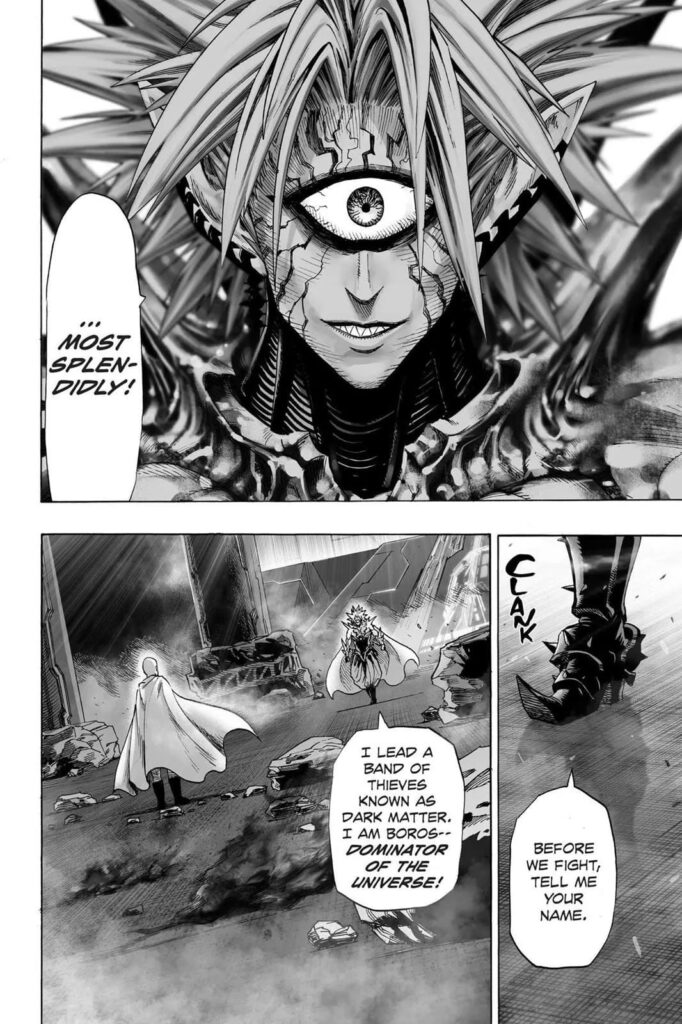 Boros asks for Saitama's name while approaching him.