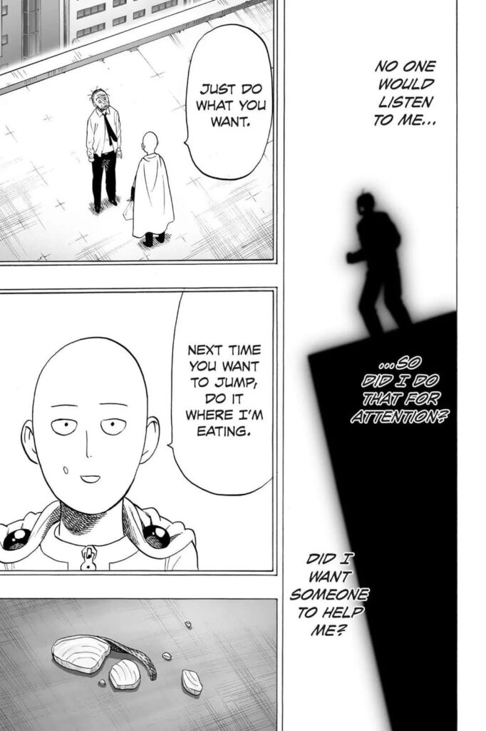 The man remembers his encounter with Saitama after he was saved.