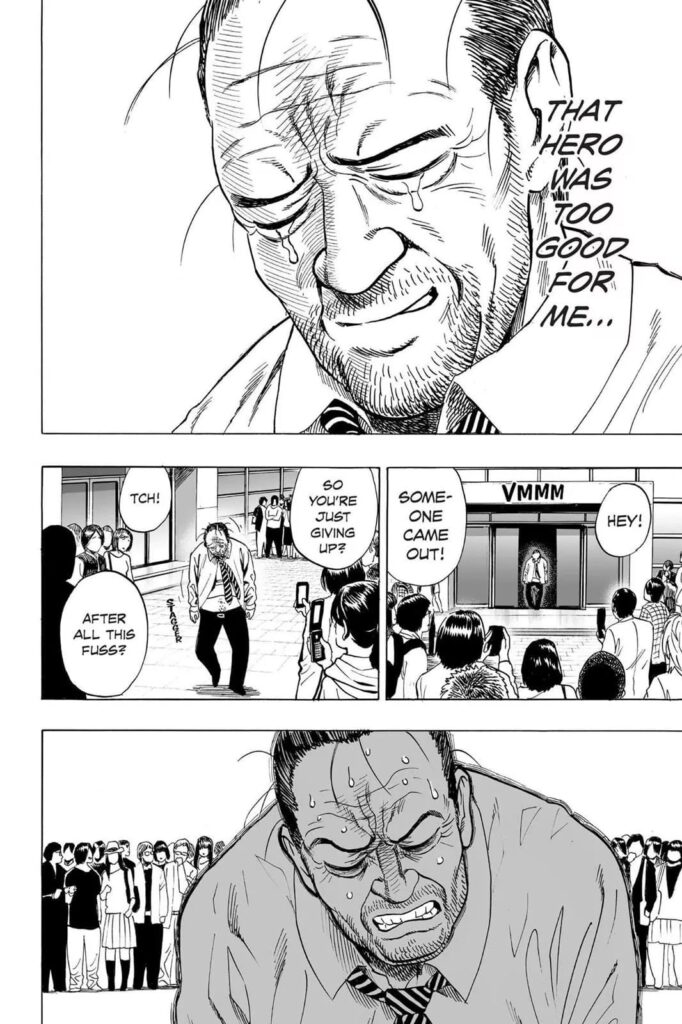 The man cried after recounting what Saitama did for him while the people watched him walk out of the building unharmed.
