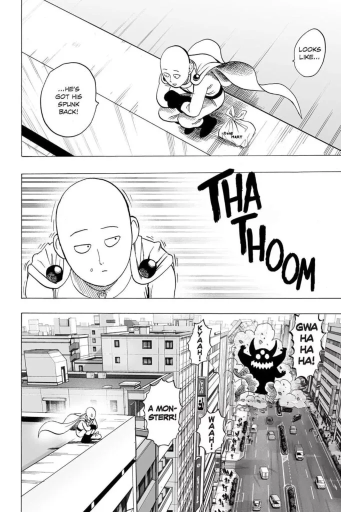 Saitama watches the man from the top of the building while a monster suddenly shows up.