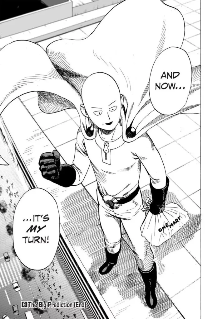 Saitama prepares to attack the monster while holding his groceries.