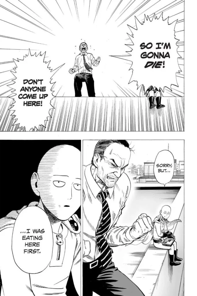 The man is about to jump, but Saitama, sitting down with his lunch salmon, notices him.