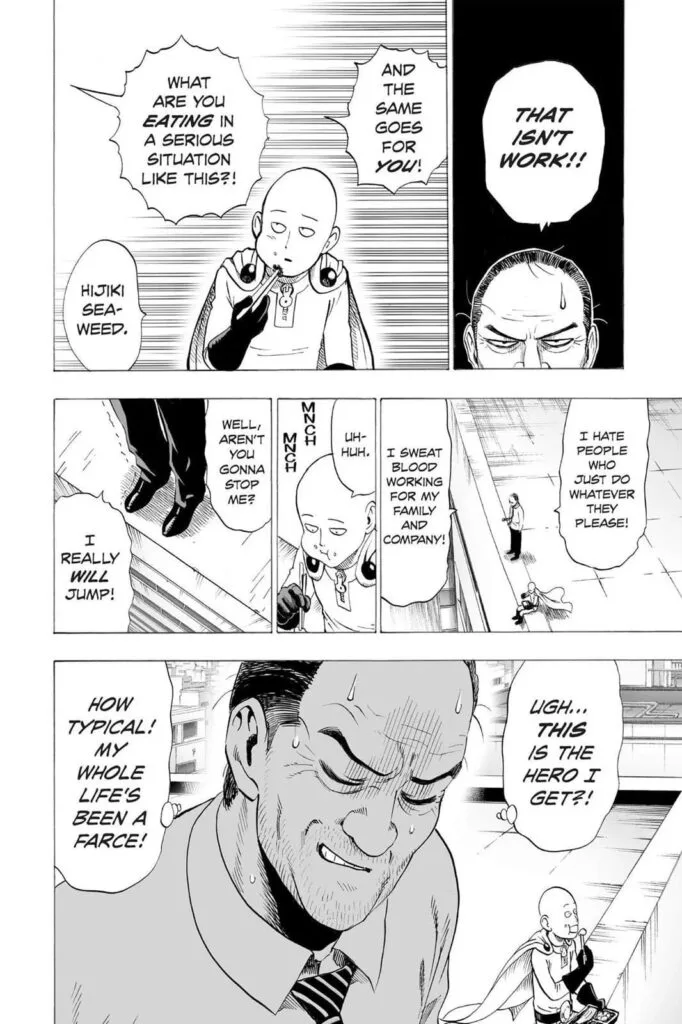 The man prepares to jump, but Saitama continues to eat.