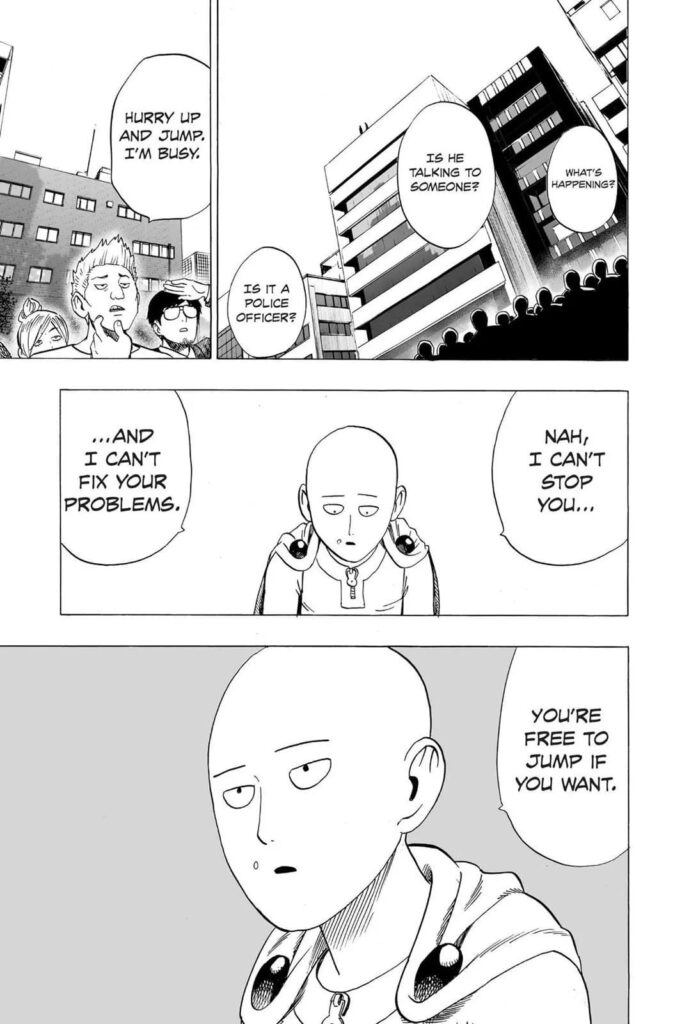 The people watching wait for the man to jump while Saitama tells the man to jump.