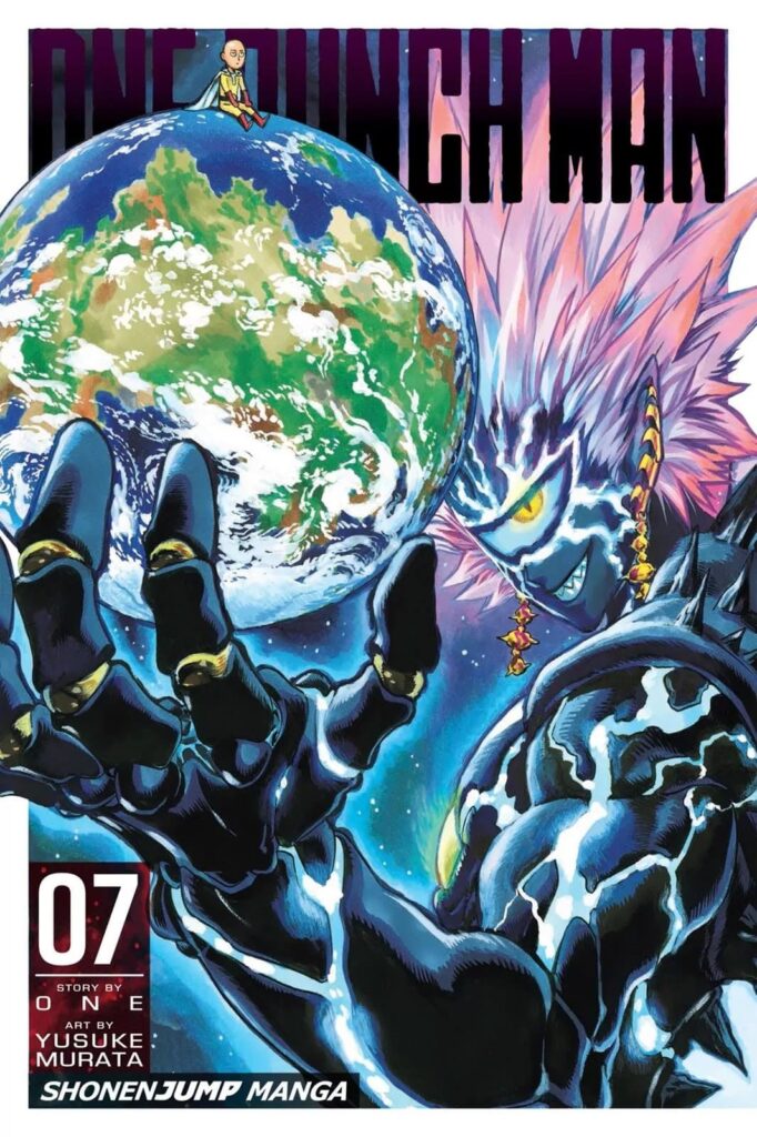 Color spread image of a huge Boros holding the earth in his hand while a small Saitama sits on top.