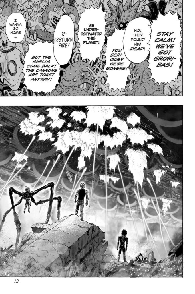 The monsters inside the spaceship get afraid while some heroes below watch Tatsumaki's continued attack.