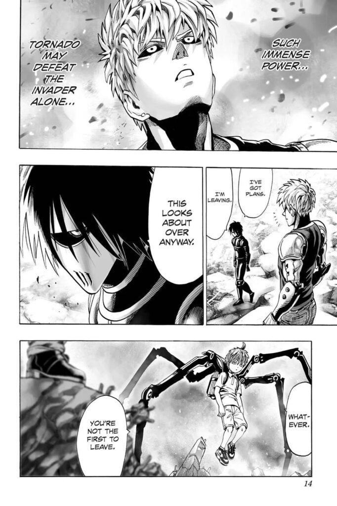 Genos thinks Tatsumaki might defeat the enemy while Drive Knight and Child Emperor start leaving.