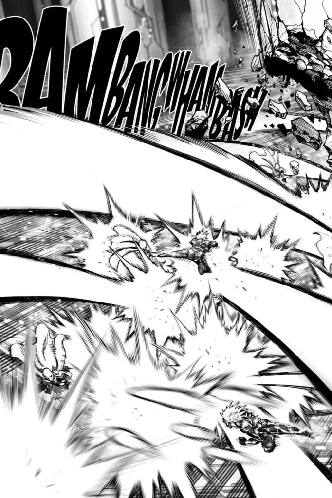 Lord Boros gets the offensive while Saitama blocks his attack as everything around them gets destroyed.