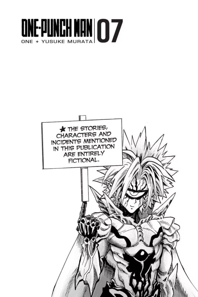 Boros holding a placard that says everything in the story is purely fictional.