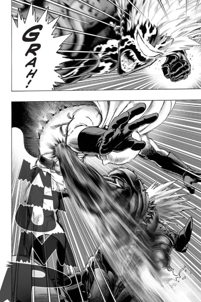 Boros prepares a powerful left punch that hits Saitama's left belly.