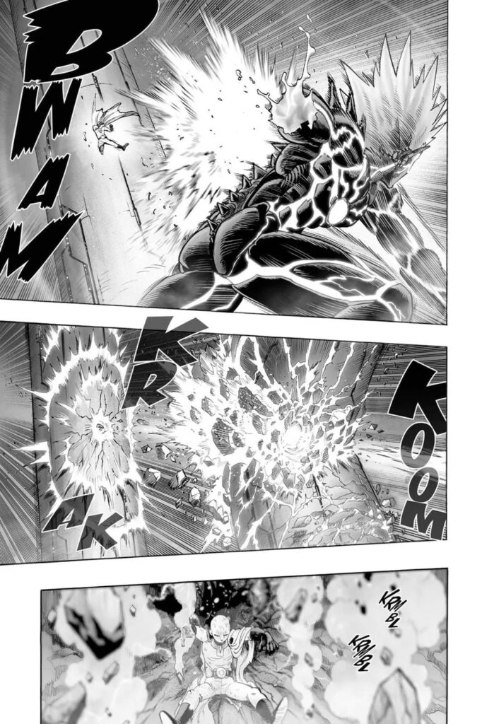 Boros's right hand looks decapitated while Saitama crashes and destroys the pillars where he got hit.