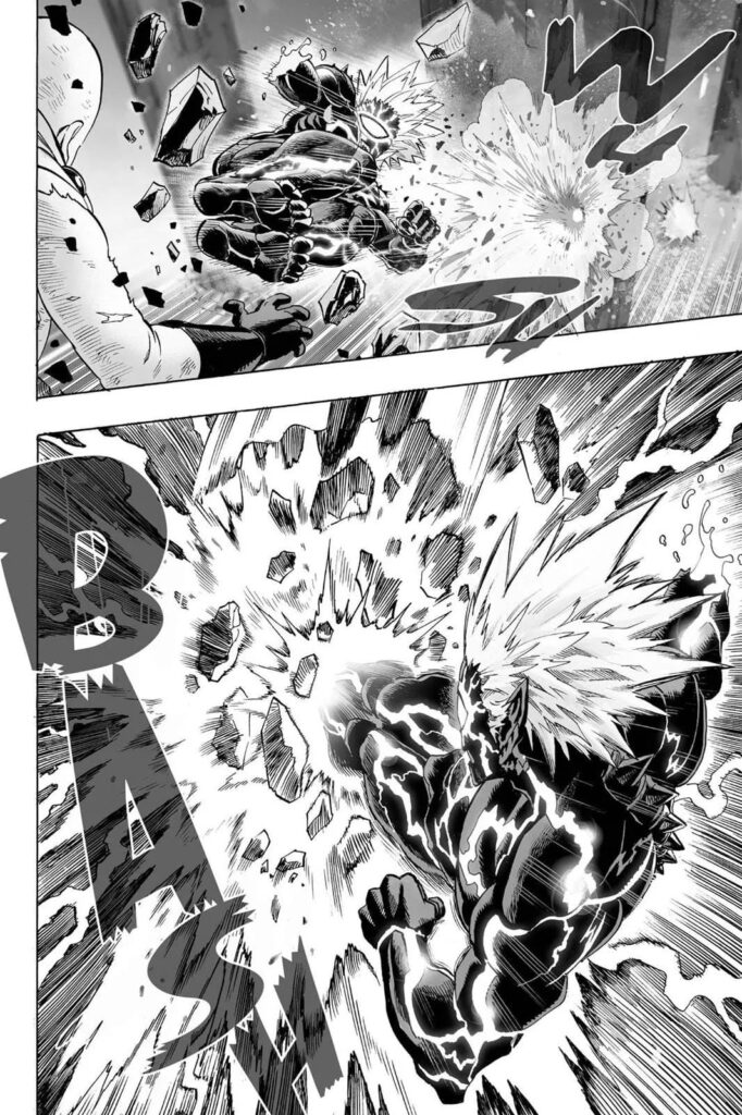 Lord Boros follows up with a double kick to Saitama while the debris flies everywhere.