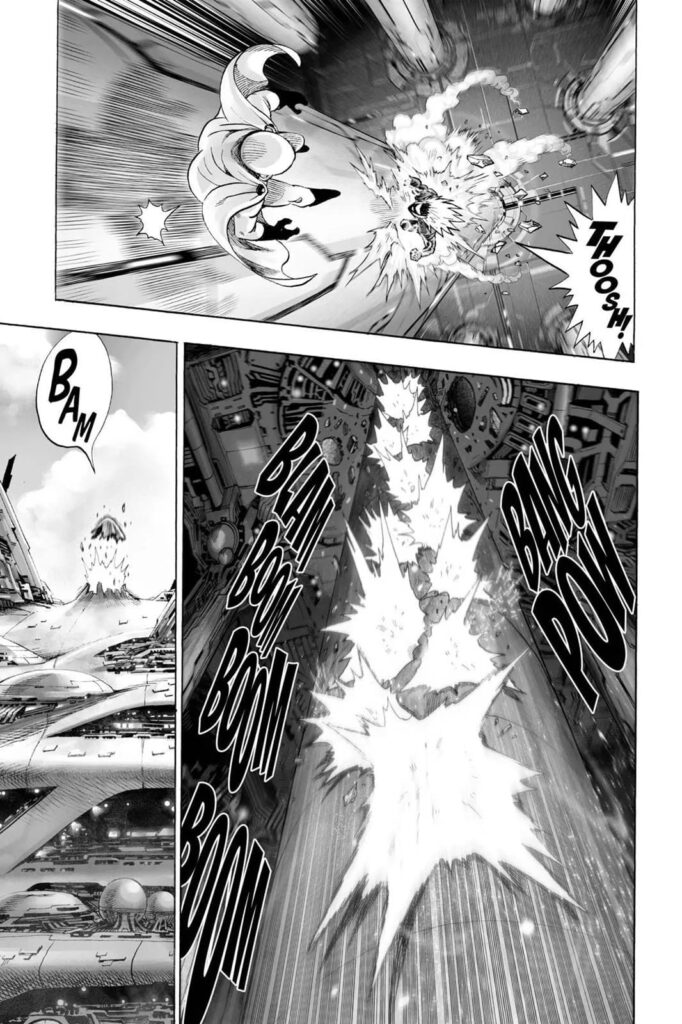 Saitama dodges by moving upwards creating a hole atop the spaceship, and Lord Boros follows through.