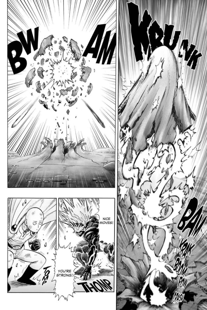 Saitama and Lord Boros came out from the hole while fighting.