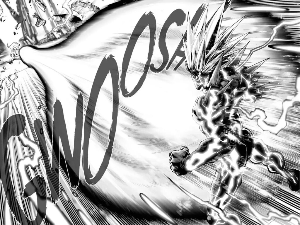 Lord Boros's chest releases a strong energy wave aimed at Saitama.