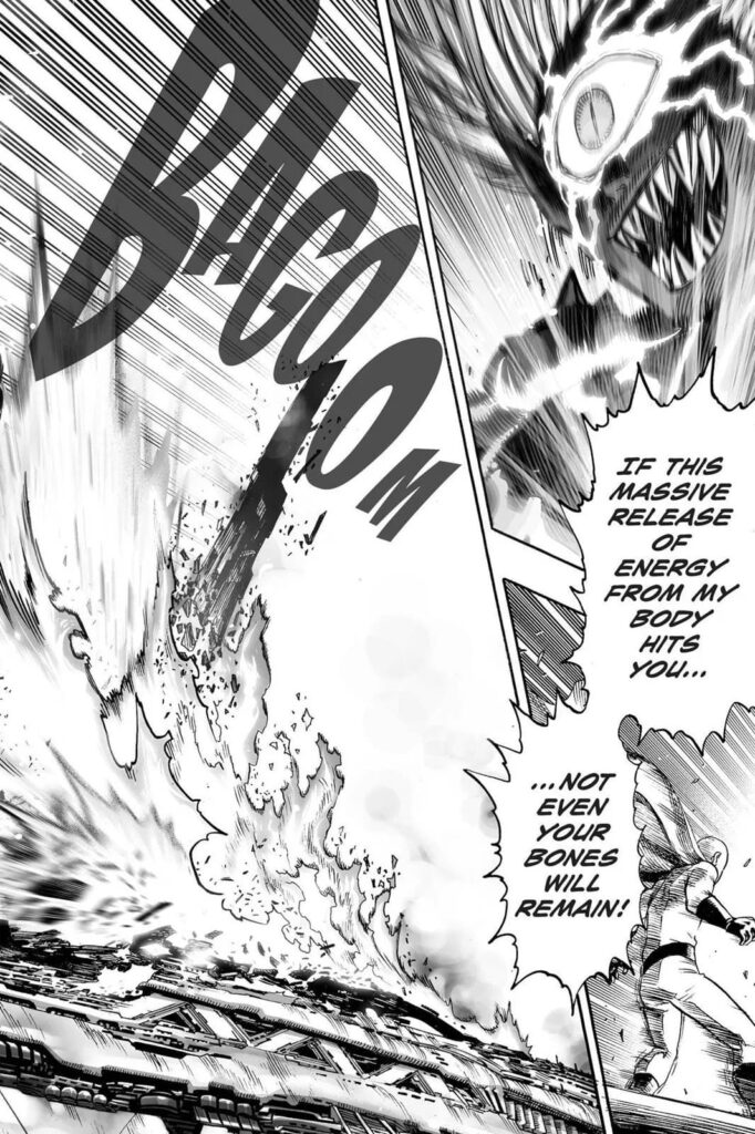 Lord Boros laughs while warning Saitama that not even his bones will remain if he gets hit with the massive energy attack.