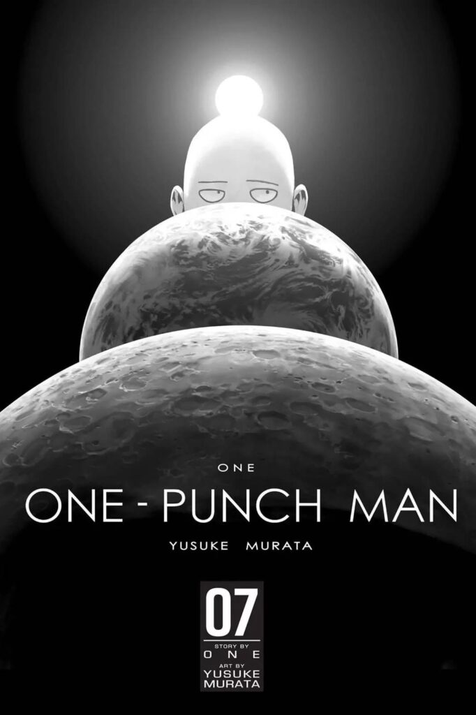 Close-up conjuction of the moon, earth, Saitama's bald head with his bored eyes, and the sun shining behind.