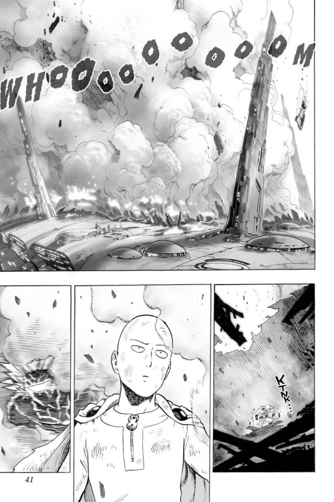 Saitama shows up unfazed and with his signature bored look as the explosion settles, and a silhouette of Lord Boros is seen in the smokes.