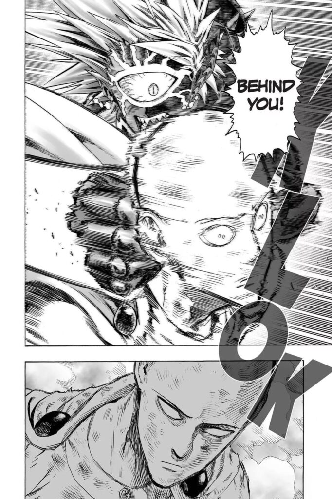 Lord Boros suddenly attacks Saitama from behind and hits his head while Saitama now looks serious.