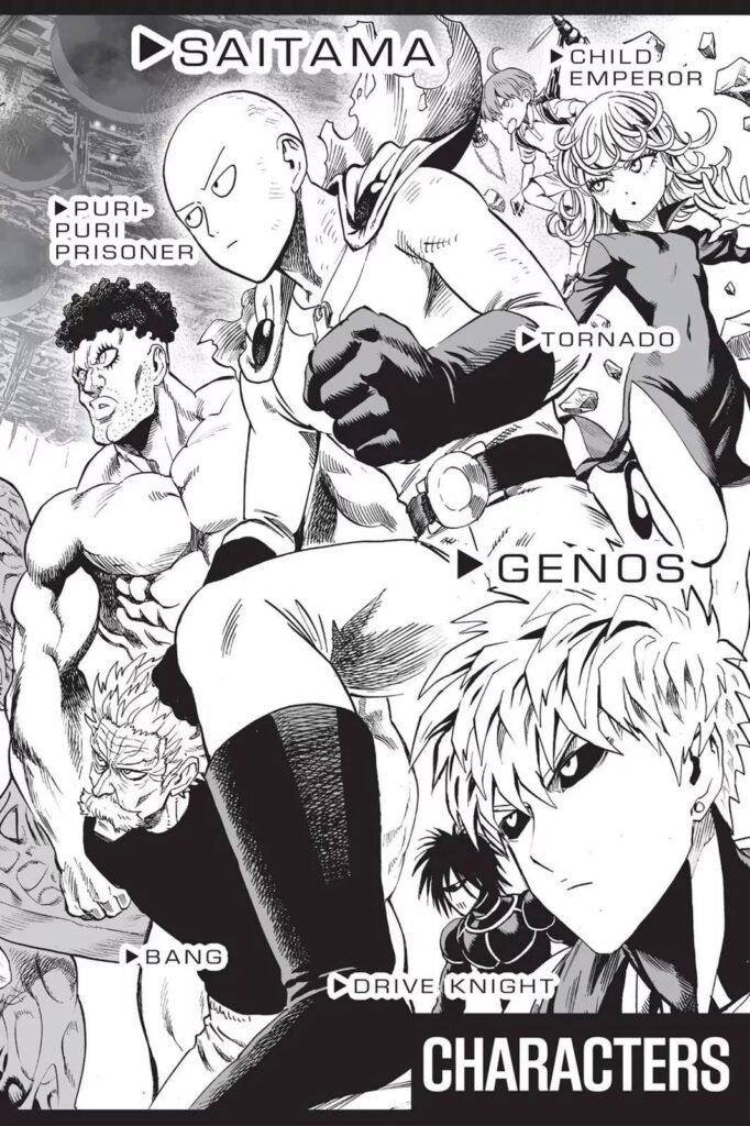 Heroes Saitama, Genos, Puri-puri Prisoner, Tornado, Child Emperor, Bang. And Drive Knight is teaming up for a fight.