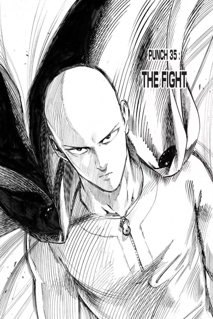 Serious Saitama with his cape blowing in the wind.