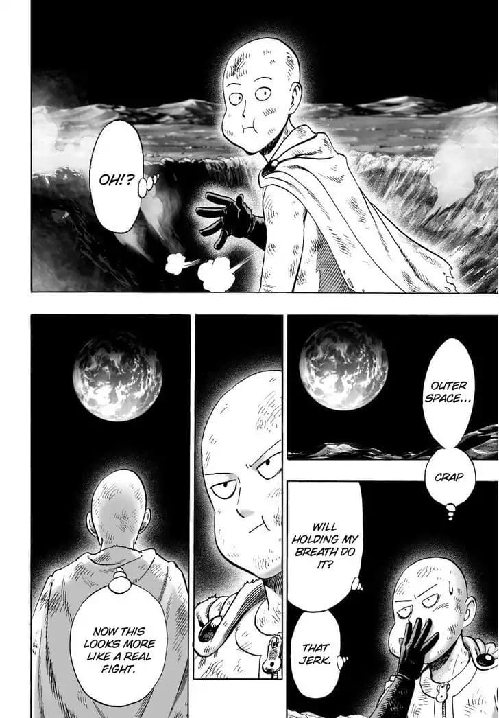 Saitama now holds his breath while looking at the Earth and gets excited about the fight.