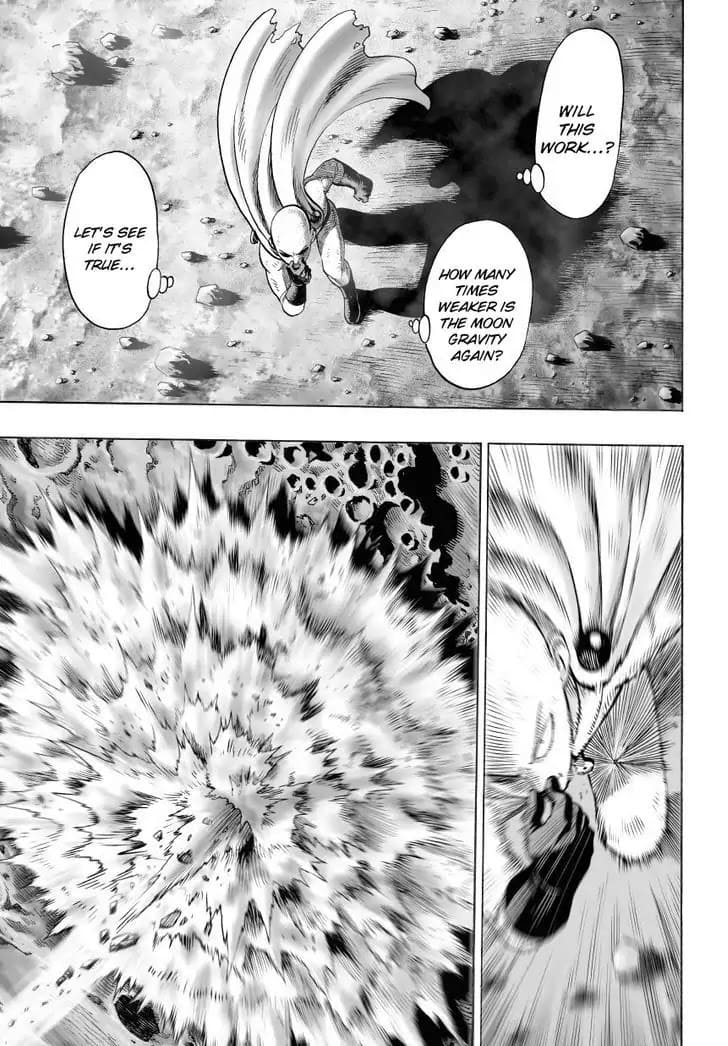 Saitama jumps from the moon while holding his breath, leaving a huge dust cloud.