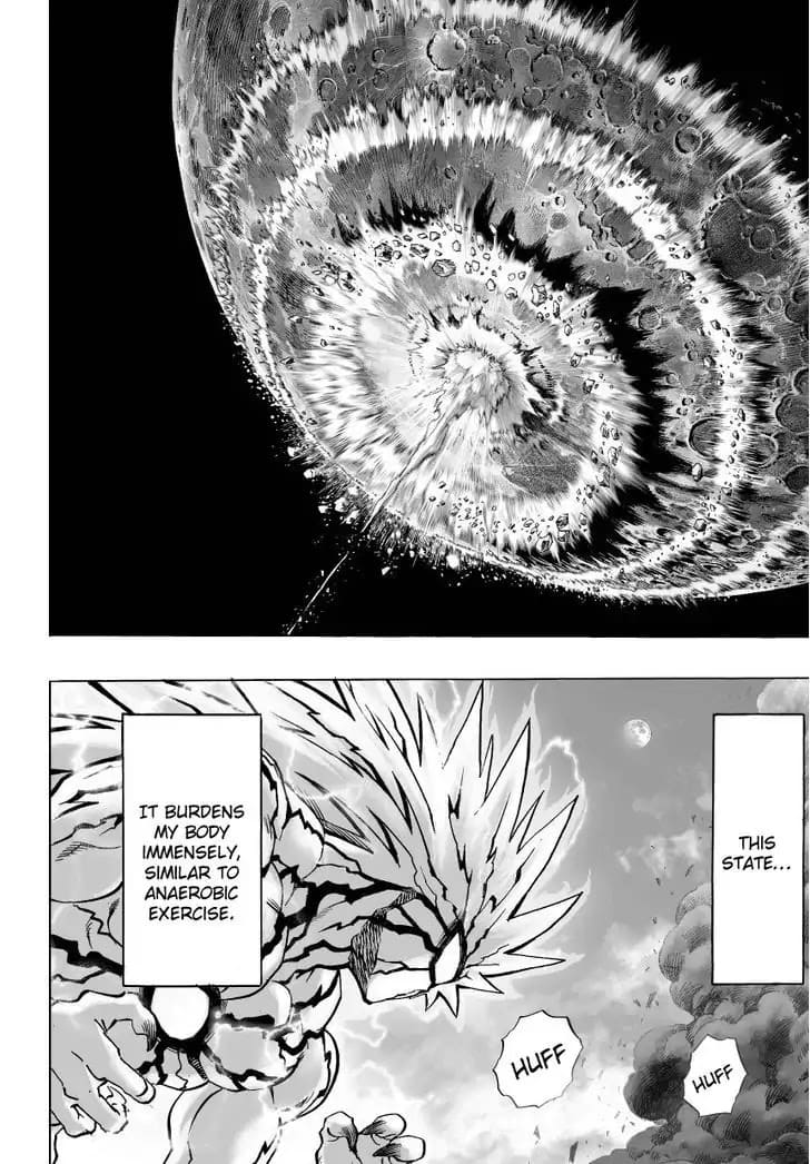 The moon ripples with shockwaves as clouds of dust and moon rocks are thrown after Saitama's jump while Lord Boros waits.