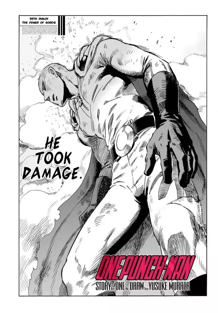 Saitama is standing amidst the dust, looking like he took damage.