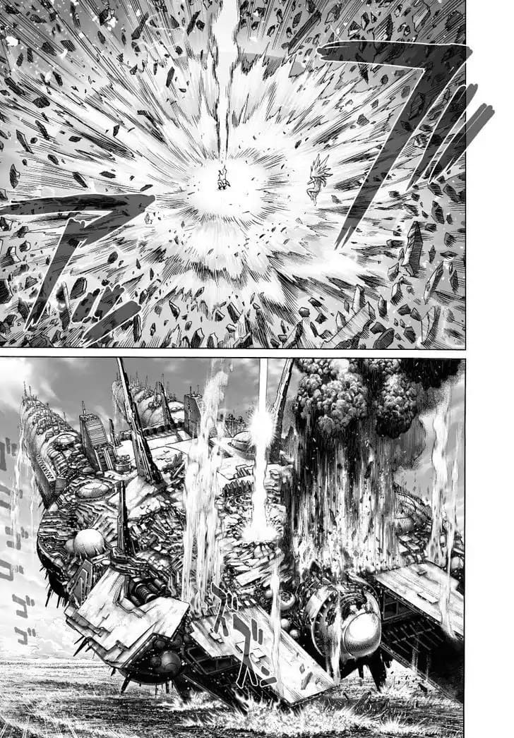 Lord Boros jumps as a huge shockwave emanates from Saitama's Landing, tilting the huge spaceship upwards.