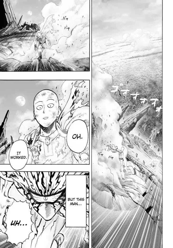 The alien spaceship starts crashing down while Saitama stands back up with a brightened face, and Boros starts attacking again.