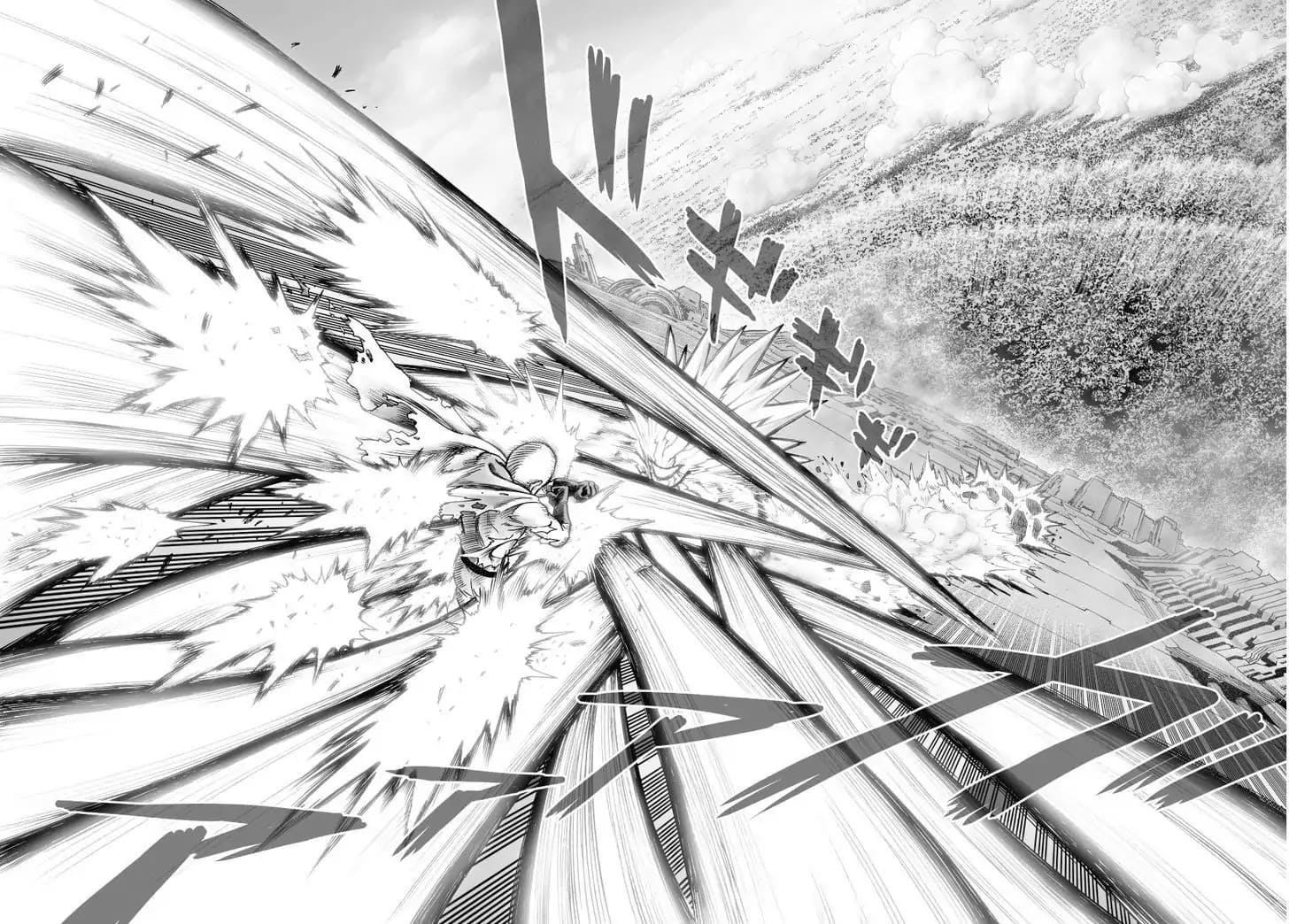 Saitama defends against Lord Boros' attack from all directions as the ship tilts, crashing down the city.