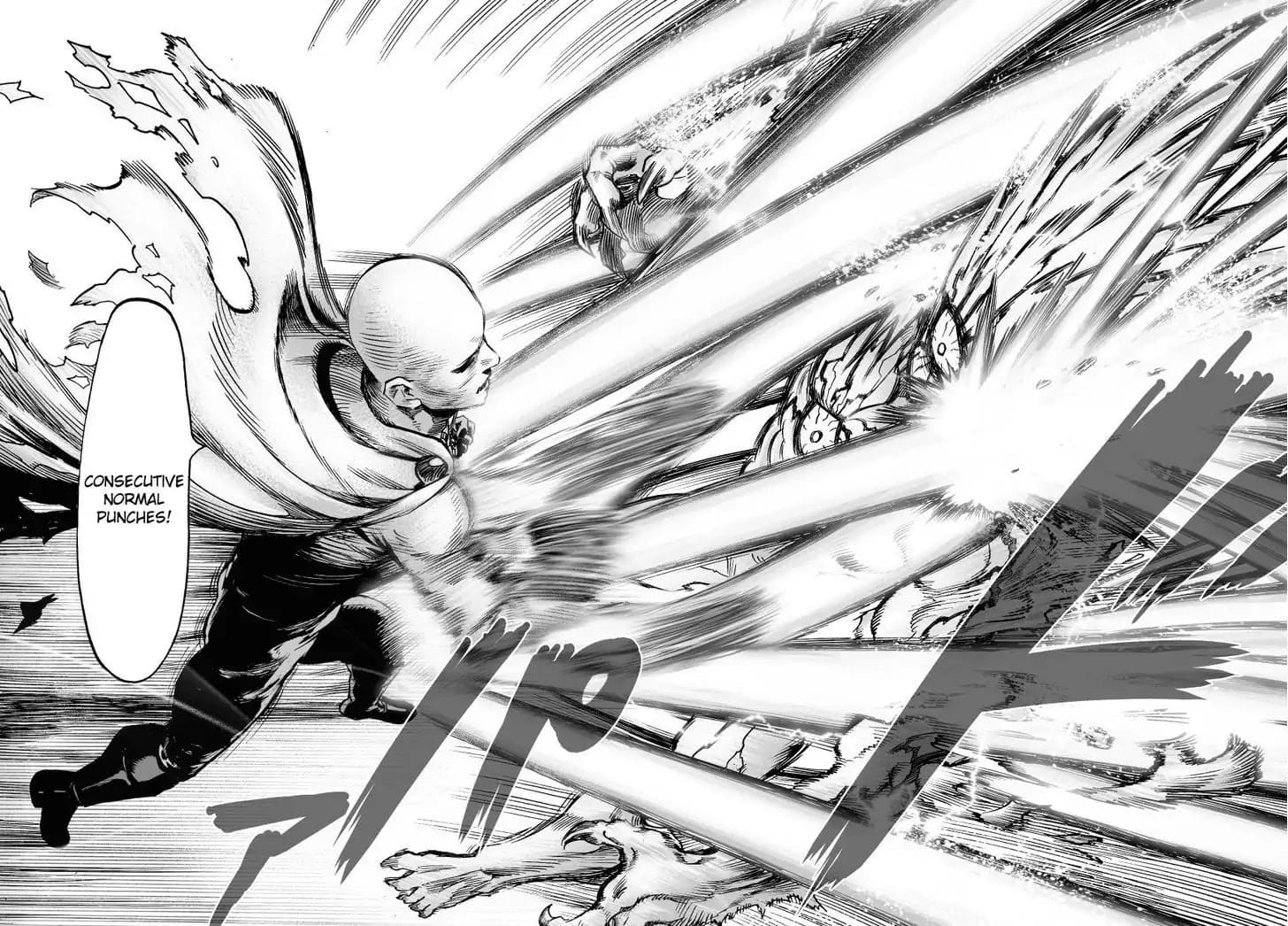 Saitama releases Consecutive Normal Punches to Lord Boros, tearing some of his flesh after getting hit.