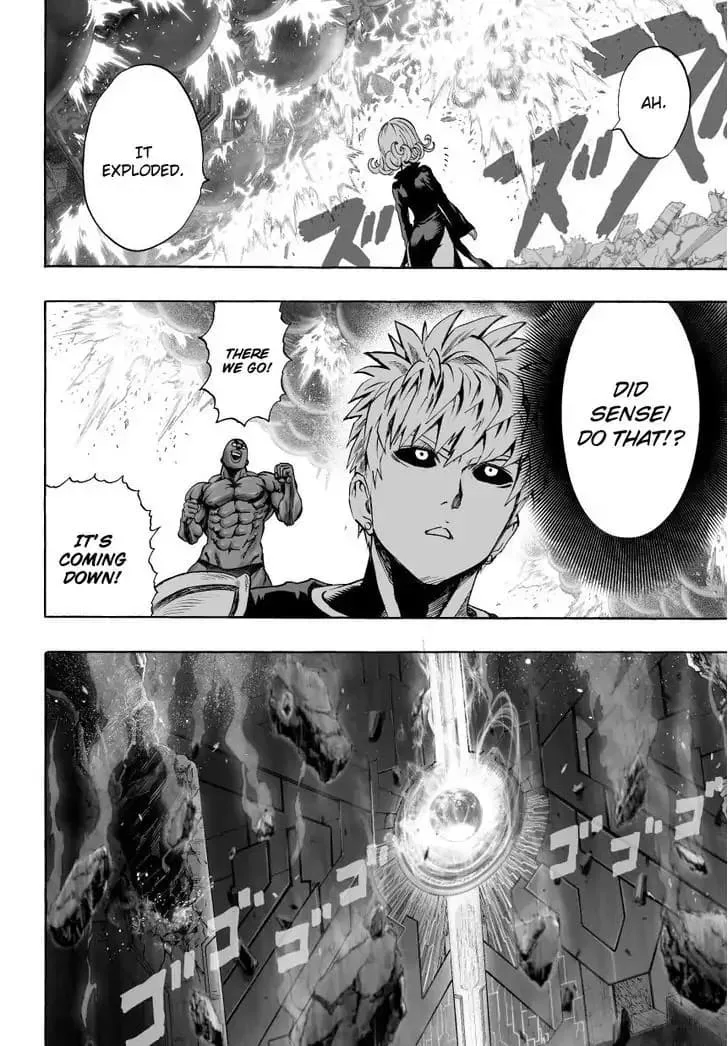 The heroes celebrate, thinking it was Tatsumaki's effort that damaged the ship, but Genos wonders if it was Saitama's.