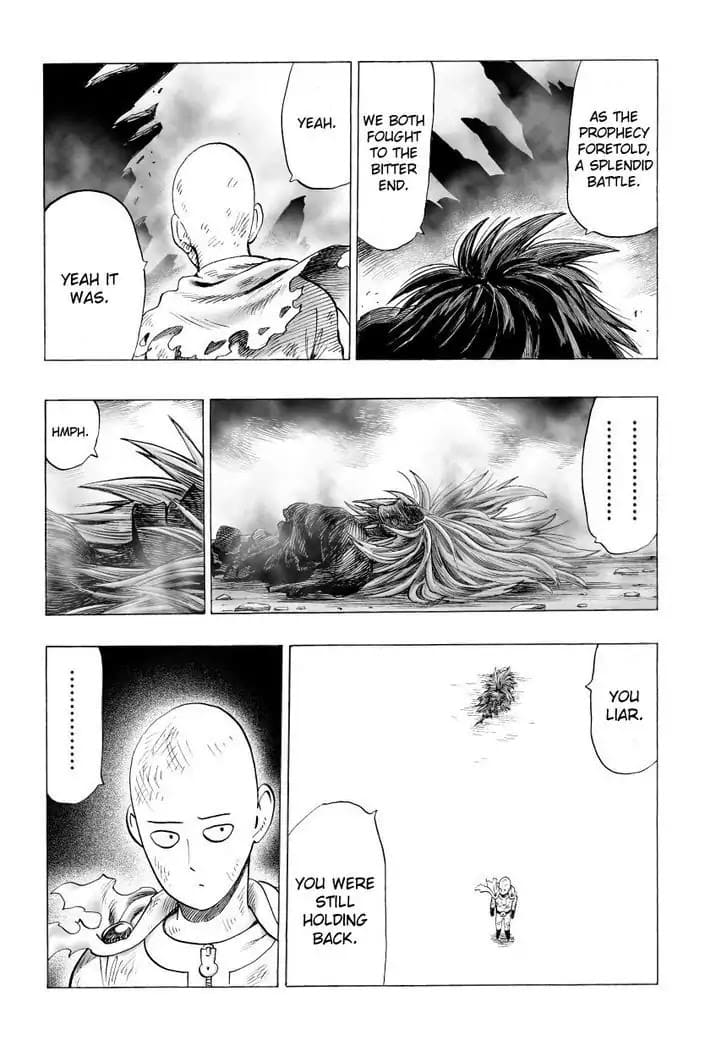 Lord Boros recalls the prophecy about his battle while lying on the ground and realizing Saitama was holding back.