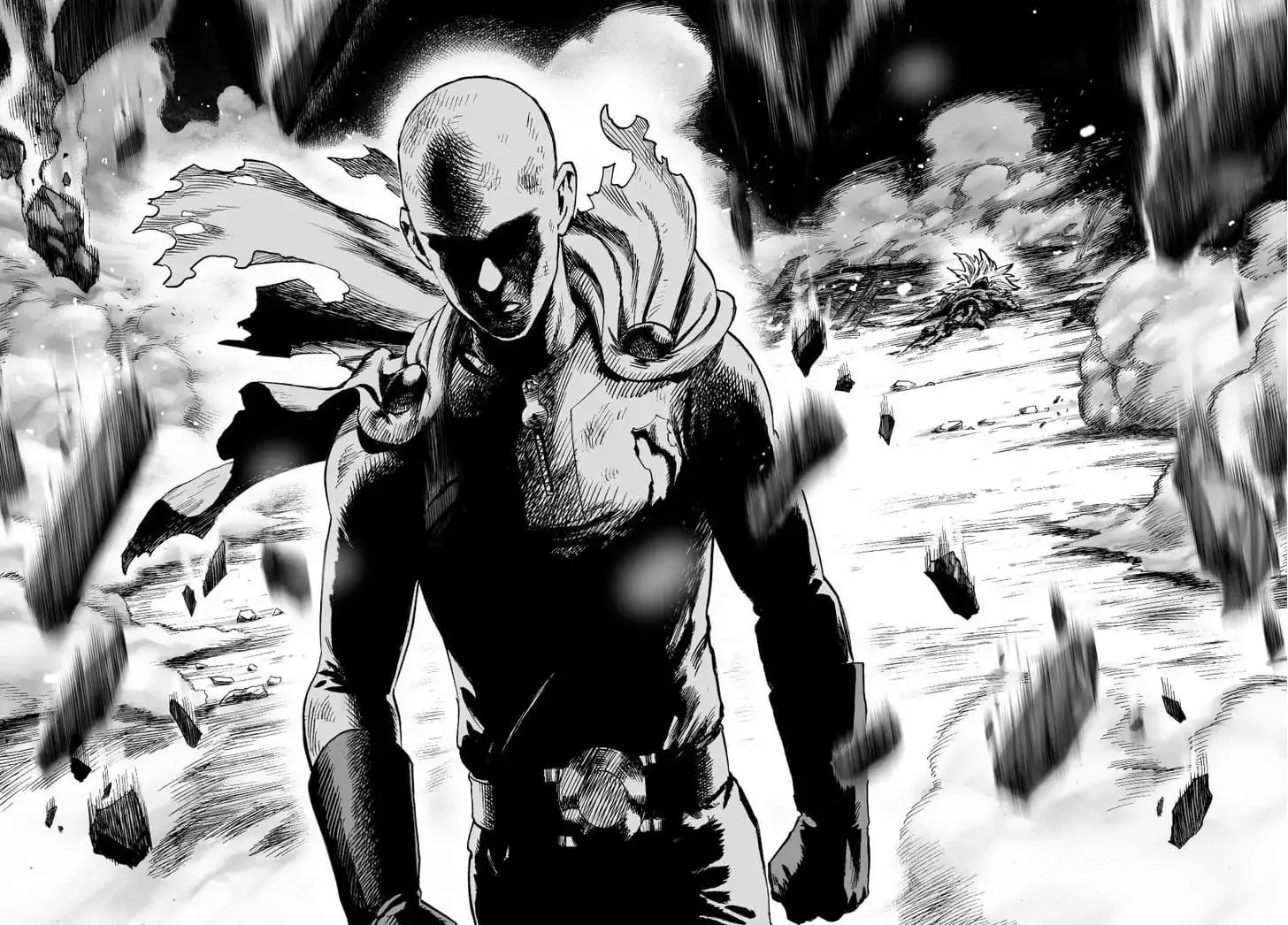 Saitama walks away as the spaceship starts crumbling.