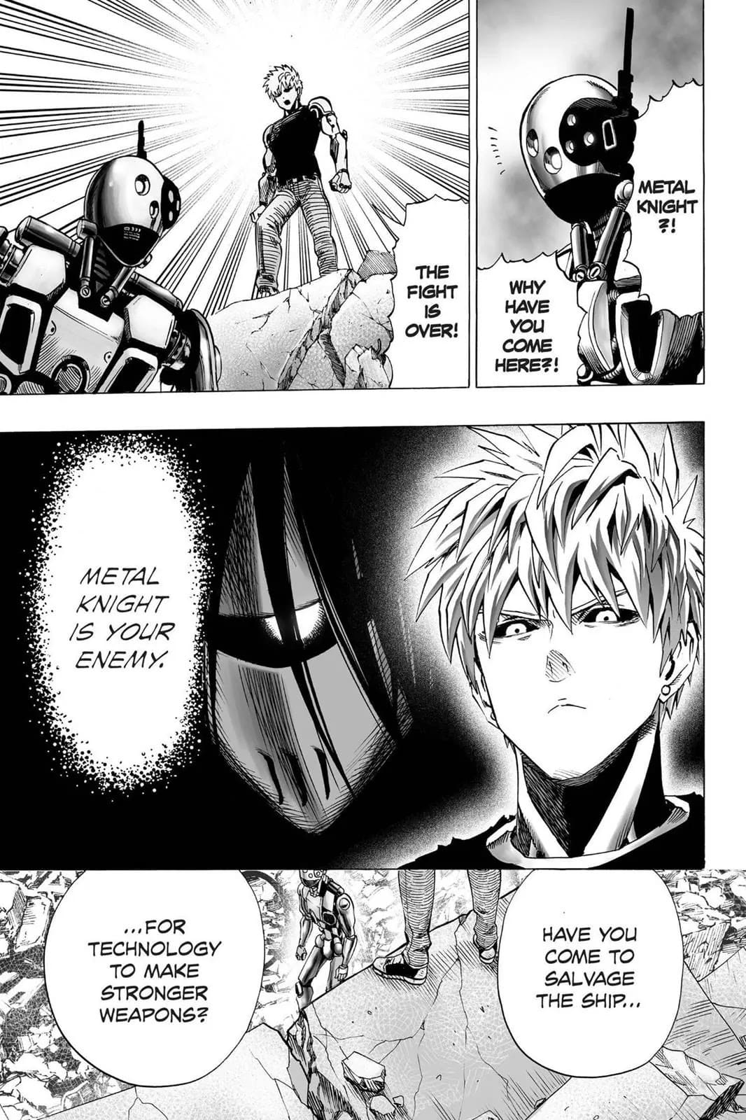 Genos confronts Meta Knight for arriving late and attempting to salvage the crashed ship.