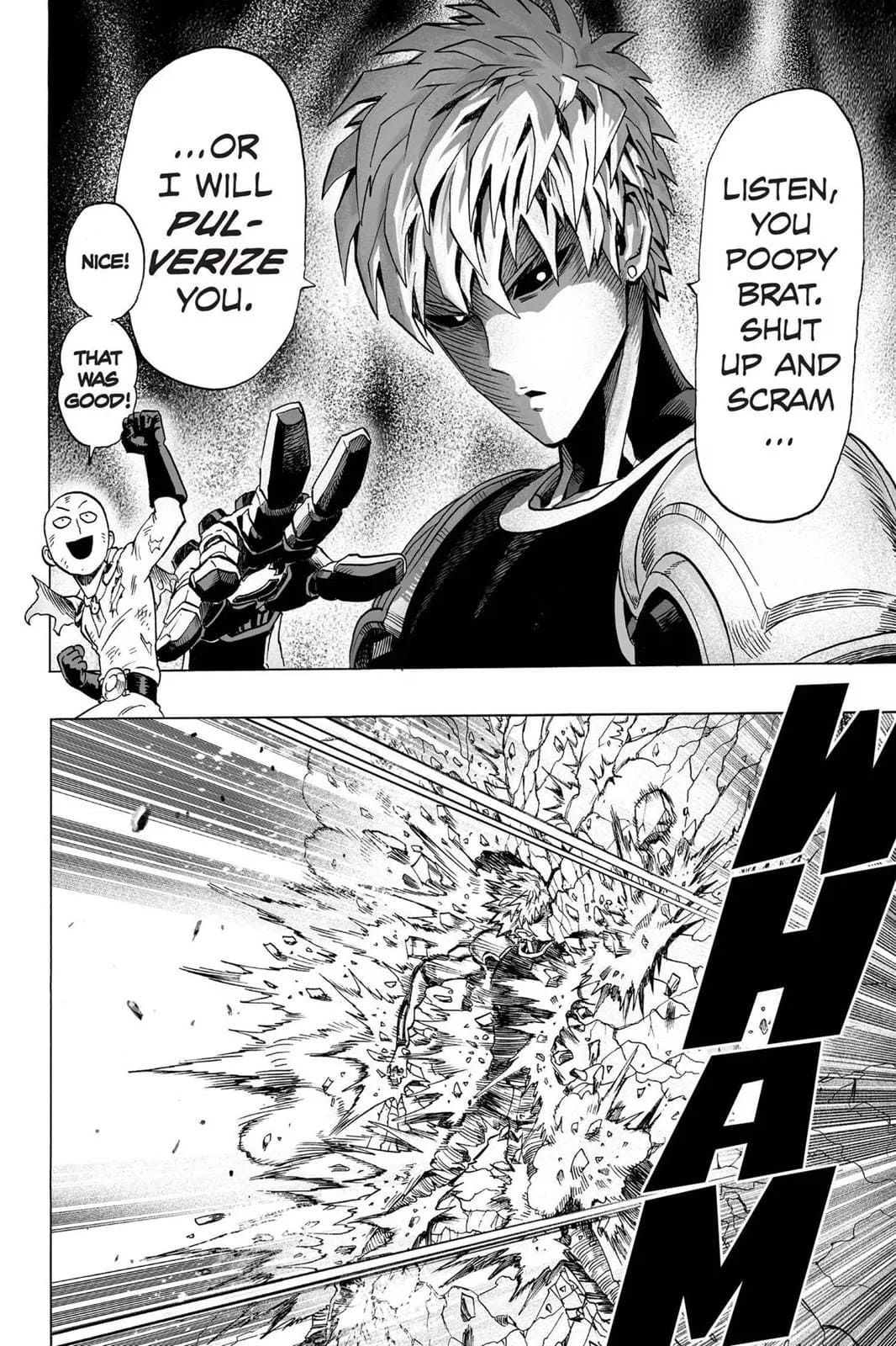 Genos calls Tatsumaki a brat, and Saitama laughs, but Genos gets thrown away and smashes some rocks.