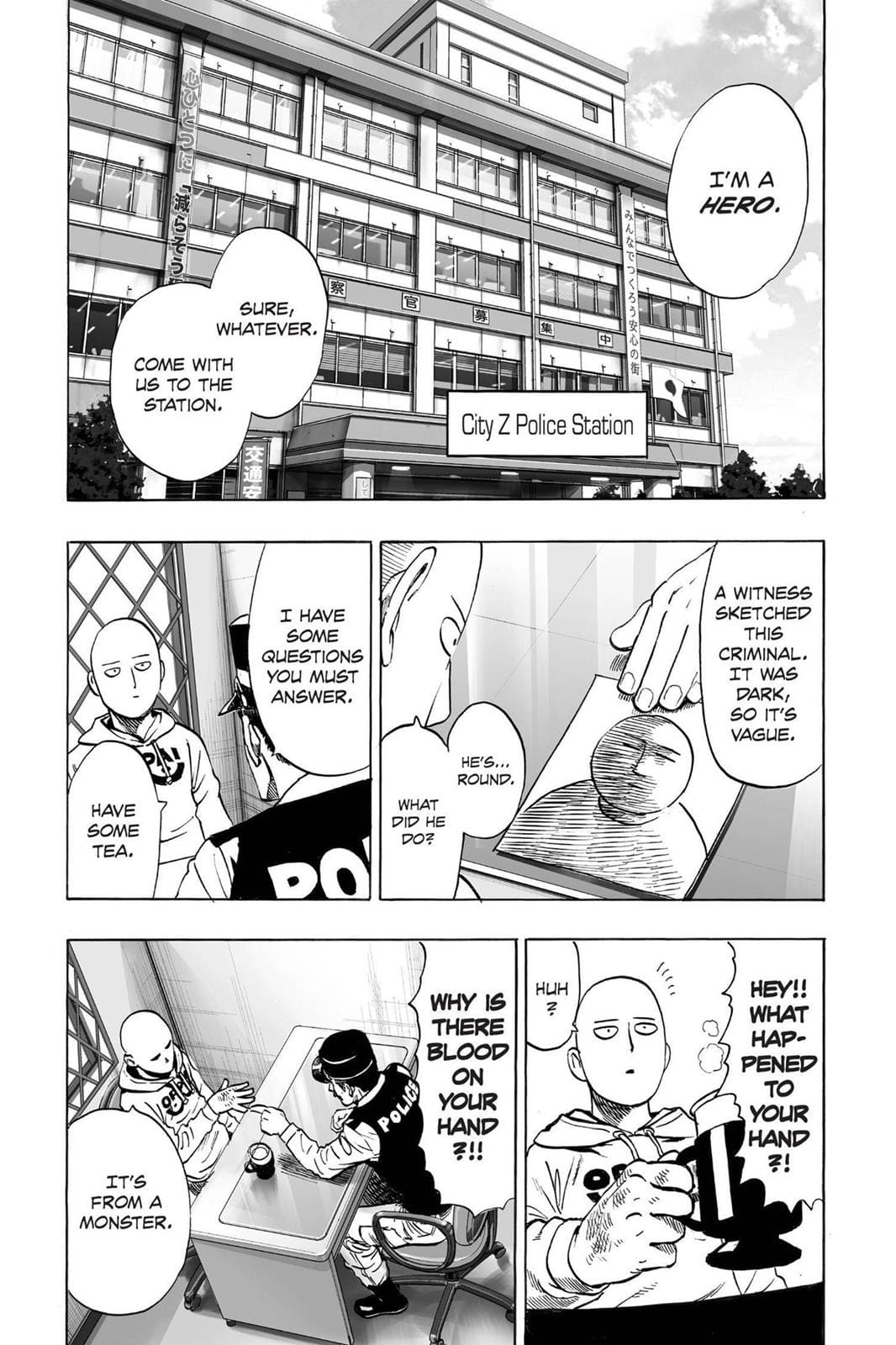 Saitama is taken to the police station for interrogation.