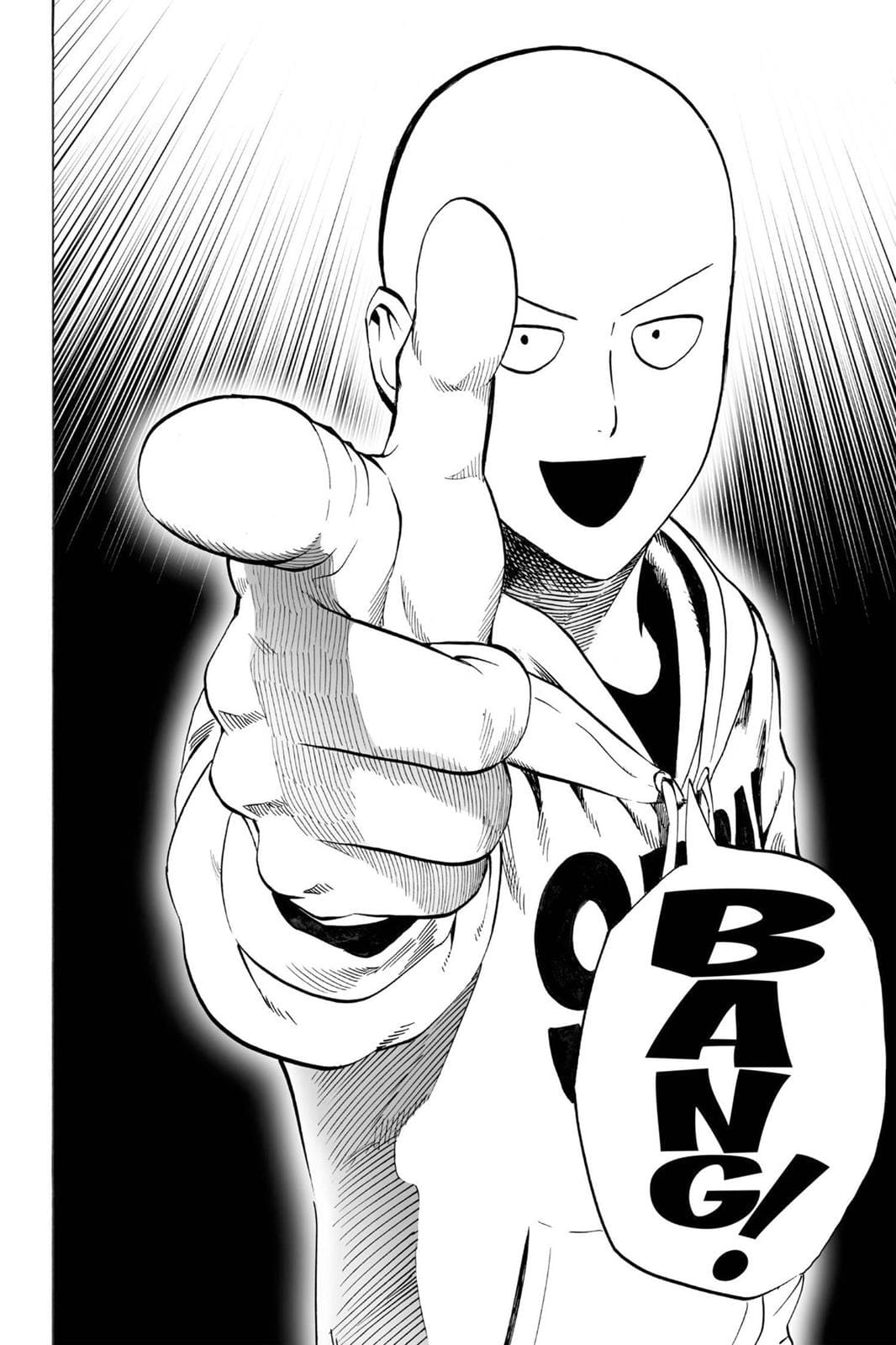 Saitama performs a finger gun aimed at the monster.