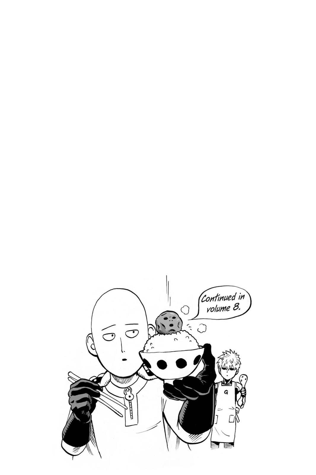 Saitama is holding a bowl of rice that Genos cooked.