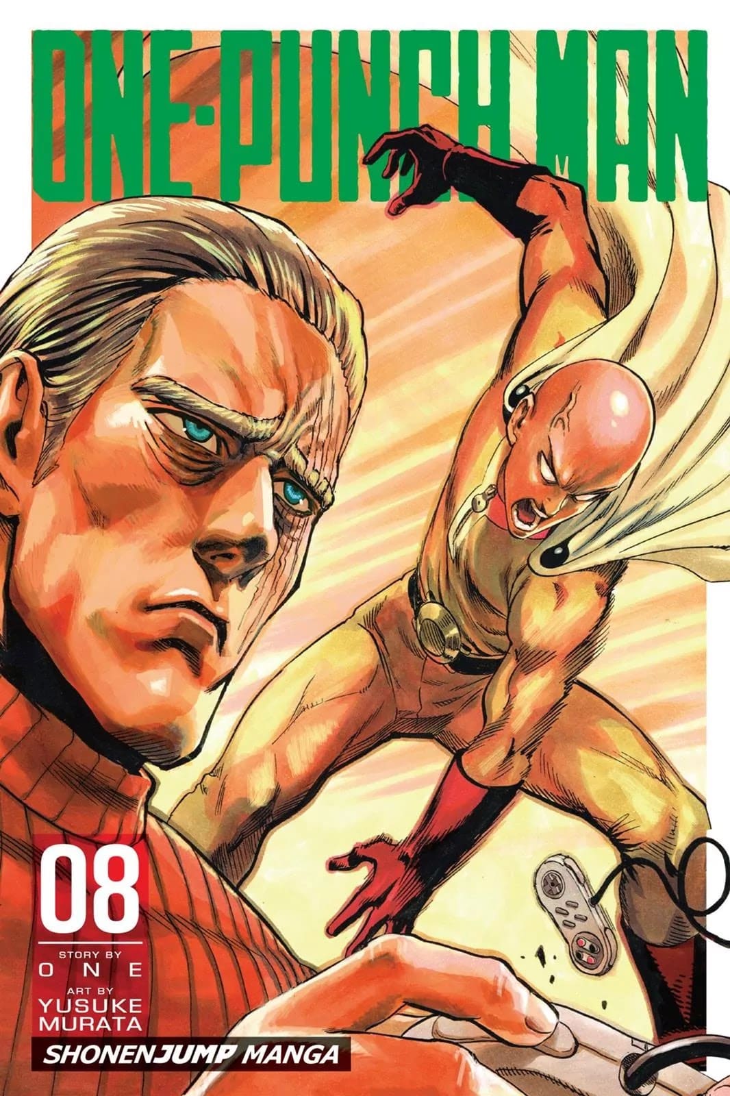 A colored image spread of a serious Saitama throwing a game console and King playing with him.