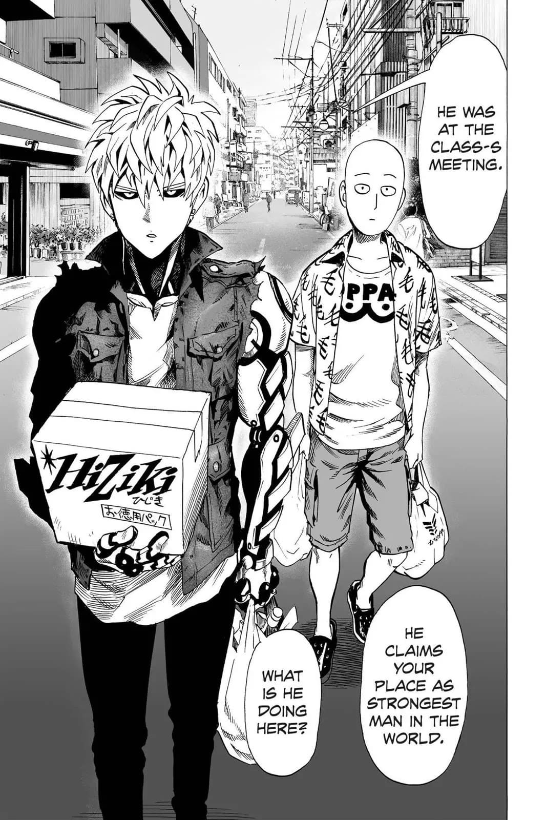 Saitama and Genos are walking with grocery items.